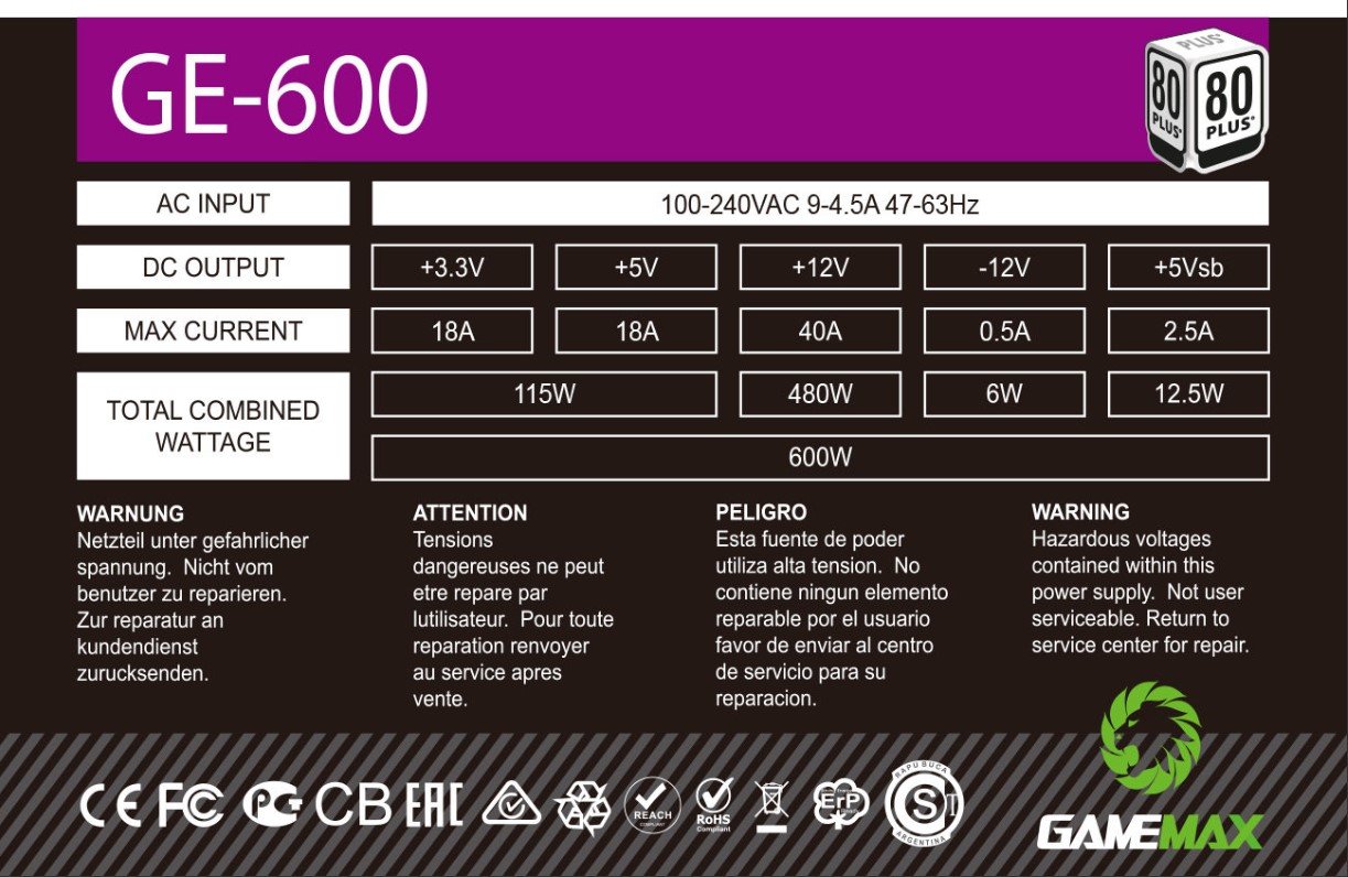 GAMEMAX 600W 80+WHITE GE-600