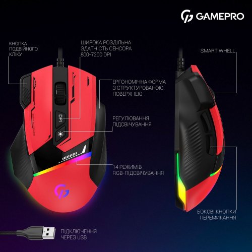 Купити Миша GamePro GM300 USB Red/Black - ціна в Києві, Львові, Вінниці, Хмельницькому, Франківську, Україні | інтернет-магазин TELEMART.UA фото