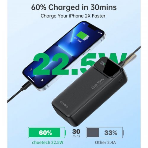 Купити Powerbank Choetech B730 30000mAh 22.5W (B730-ACBK) Black - ціна в Києві, Львові, Вінниці, Хмельницькому, Франківську, Україні | інтернет-магазин TELEMART.UA фото