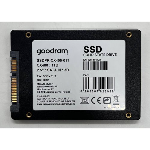 Ssd-диск GoodRAM CX400 3D NAND 1TB 2.5" (SSDPR-CX400-01T) (Відновлено продавцем, 705123) купити з перевіркою сумісності: огляд, характеристики, ціна у Києві, Львові, Вінниці, Хмельницькому, Івано-Франківську, Україні | інтернет-магазин TELEMART.UA фото