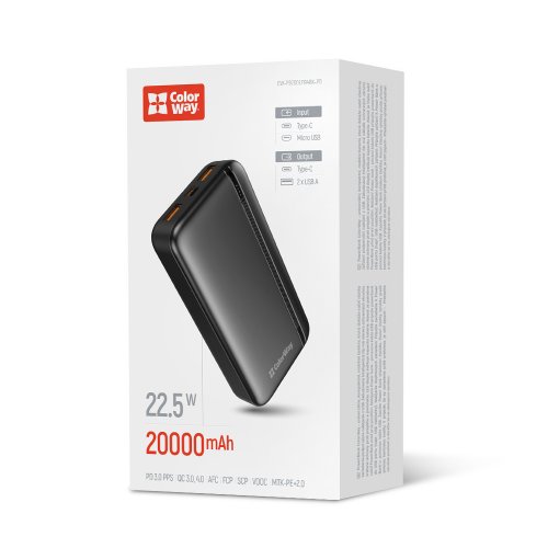 Powerbank ColorWay 20000mAh EnergyPlus 22.5W (CW-PB200LPB4BK-PD) Black купити в Україні: Київ, Львів, Хмельницький, Тернопіль, Івано-Франківськ | Низька ціна, відгуки, характеристики від TELEMART фото