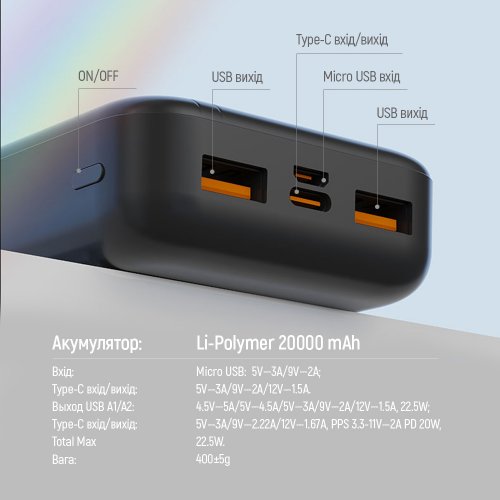 Powerbank ColorWay 20000mAh EnergyPlus 22.5W (CW-PB200LPB4BK-PD) Black купити в Україні: Київ, Львів, Хмельницький, Тернопіль, Івано-Франківськ | Низька ціна, відгуки, характеристики від TELEMART фото