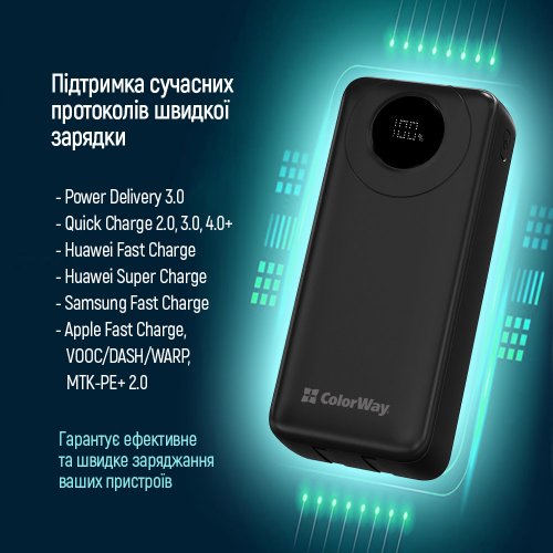 Powerbank ColorWay 20000mAh EnergyPlus 22.5W (CW-PB200LPB4BK-PDD) Black купить в Украине: Киев, Днепр, Харьков, Одесса  | Низкая цена, отзывы, характеристики от TELEMART фото