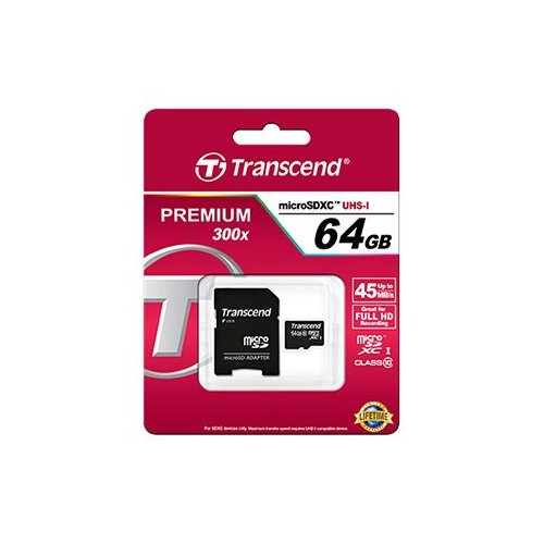 Карта пам'яті Transcend microSDXC 64GB Class 10 UHS-I R45MB/s (с адаптером) (TS64GUSDXC10) купити в Україні | Telemart фото