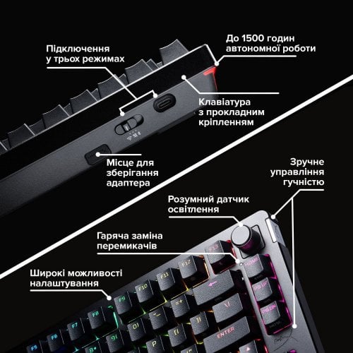 Купити Клавіатура HyperX Alloy Rise 75 PBT RGB Mechnical HyperX Red Wireless (91Y91AA) Black - ціна в Києві, Львові, Вінниці, Хмельницькому, Франківську, Україні | інтернет-магазин TELEMART.UA фото