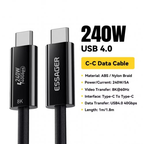 Купити Кабель Essager USB Type-C to USB Type-C 8K 60Hz 240W 1m Black - ціна в Києві, Львові, Вінниці, Хмельницькому, Франківську, Україні | інтернет-магазин TELEMART.UA фото