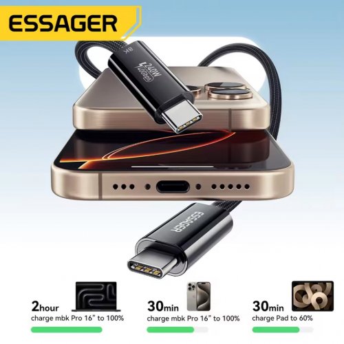 Купити Кабель Essager USB Type-C to USB Type-C 8K 60Hz 240W 1m Black - ціна в Києві, Львові, Вінниці, Хмельницькому, Франківську, Україні | інтернет-магазин TELEMART.UA фото