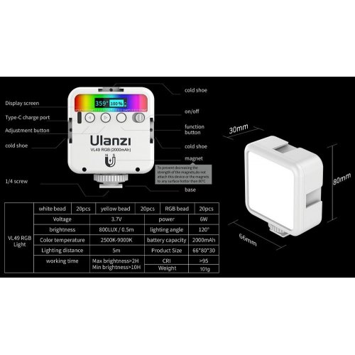 Купить Видеосвет Ulanzi VL49 Rechargeable Mini RGB Light (VL49 RGB 2586) White - цена в Харькове, Киеве, Днепре, Одессе
в интернет-магазине Telemart фото