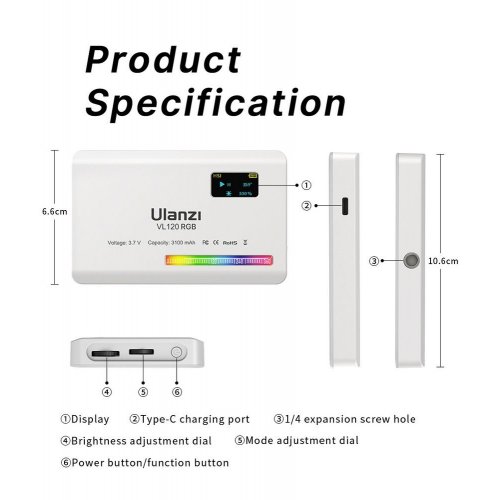 Купить Видеосвет Ulanzi VL120 RGB Light (VL120RGB 2587) White - цена в Харькове, Киеве, Днепре, Одессе
в интернет-магазине Telemart фото