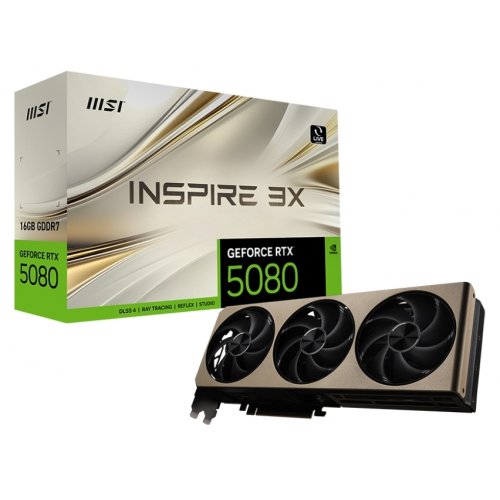 Відеокарта MSI GeForce RTX 5080 INSPIRE 3X 16384MB (RTX 5080 16G INSPIRE 3X) купити з перевіркою сумісності: огляд, характеристики, ціна у Києві, Львові, Вінниці, Хмельницькому, Івано-Франківську, Україні | інтернет-магазин TELEMART.UA фото