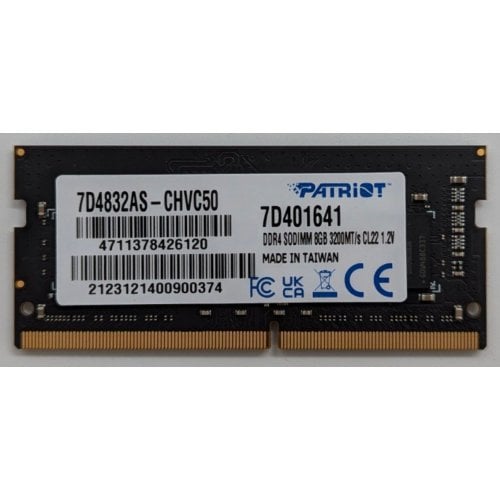 Озп Patriot SODIMM DDR4 8GB 3200Mhz (7D4832AS-CHVC50) (Відновлено продавцем, 729423) купити з перевіркою сумісності: огляд, характеристики, ціна у Києві, Львові, Вінниці, Хмельницькому, Івано-Франківську, Україні | інтернет-магазин TELEMART.UA фото