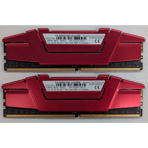 Купить Озу G.Skill DDR4 32GB (2x16GB) 3600Mhz Ripjaws V Red (F4-3600C19D-32GVRB) (Восстановлено продавцом, 729742) с проверкой совместимости: обзор, характеристики, цена в Киеве, Днепре, Одессе, Харькове, Украине | интернет-магазин TELEMART.UA фото