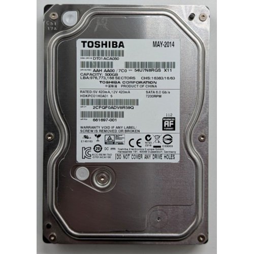 Купить Жесткий диск Toshiba 500GB 32MB 7200RPM 3.5" (DT01ACA050) (Восстановлено продавцом, 741067) с проверкой совместимости: обзор, характеристики, цена в Киеве, Днепре, Одессе, Харькове, Украине | интернет-магазин TELEMART.UA фото