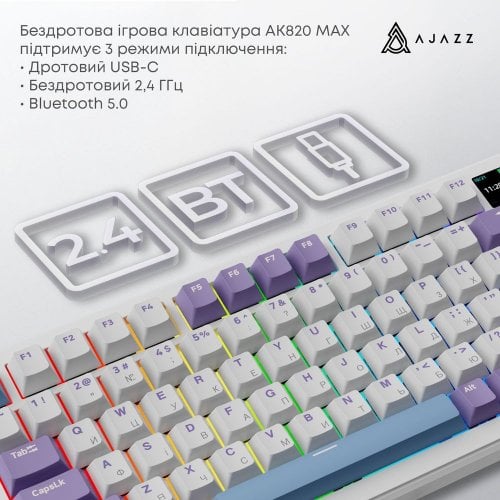 Купити Клавіатура Ajazz AK820 MAX RGB Magnetic Switches Wireless With Screen (AK820MAX-M-PWB) Purple - ціна в Києві, Львові, Вінниці, Хмельницькому, Франківську, Україні | інтернет-магазин TELEMART.UA фото