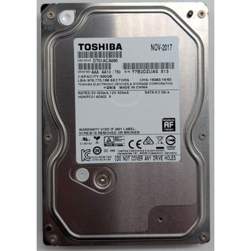 Жорсткий диск Toshiba 500GB 32MB 7200RPM 3.5" (DT01ACA050) (Відновлено продавцем, 745484) купити з перевіркою сумісності: огляд, характеристики, ціна у Києві, Львові, Вінниці, Хмельницькому, Івано-Франківську, Україні | інтернет-магазин TELEMART.UA фото