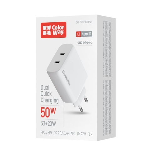 Мережевий зарядний пристрій ColorWay GaN Mini 2 x USB Type-C 50W (CW-CHS050PD-WT) White купити в Україні: Київ, Львів, Хмельницький, Тернопіль, Івано-Франківськ | Низька ціна, відгуки, характеристики від TELEMART фото