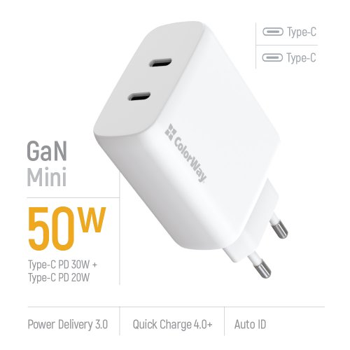 Мережевий зарядний пристрій ColorWay GaN Mini 2 x USB Type-C 50W (CW-CHS050PD-WT) White купити в Україні: Київ, Львів, Хмельницький, Тернопіль, Івано-Франківськ | Низька ціна, відгуки, характеристики від TELEMART фото