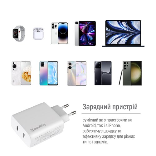 Мережевий зарядний пристрій ColorWay GaN Mini 2 x USB Type-C 50W (CW-CHS050PD-WT) White купити в Україні: Київ, Львів, Хмельницький, Тернопіль, Івано-Франківськ | Низька ціна, відгуки, характеристики від TELEMART фото
