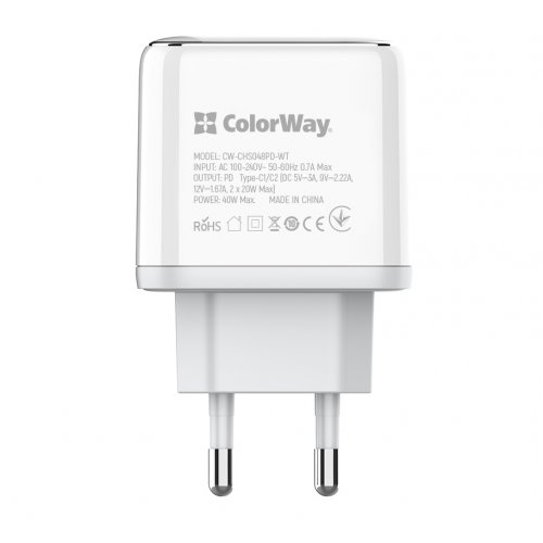 Photo ColorWay 2 x USB Type-C 40W (CW-CHS048PD-WT) White