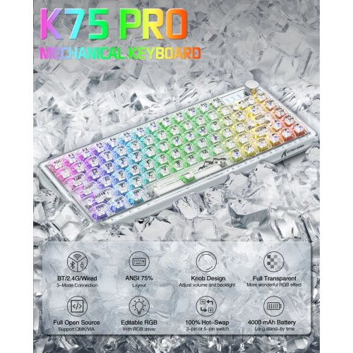 Купить Клавиатура Attack Shark K75 Pro RGB Linear Switch (AS-6972792470351-PRO-TW) Transparent White - цена в Харькове, Киеве, Днепре, Одессе
в интернет-магазине Telemart фото