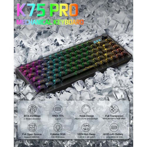 Купить Клавиатура Attack Shark K75 Pro RGB Linear Switch (AS-6972792470351-PRO-TB) Transparent Black - цена в Харькове, Киеве, Днепре, Одессе
в интернет-магазине Telemart фото