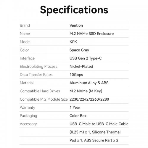 Купити Зовнішня кишеня Vention M.2 SSD NVME PCIe SSD Enclosure with Heat Sink USB Type-C 3.1 Gen 2 (KPKH0) Gray - ціна в Києві, Львові, Вінниці, Хмельницькому, Франківську, Україні | інтернет-магазин TELEMART.UA фото