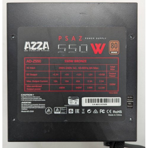 Блок живлення Azza 550W (PSAZ-550W) (Відновлено продавцем, 761788) купити з перевіркою сумісності: огляд, характеристики, ціна у Києві, Львові, Вінниці, Хмельницькому, Івано-Франківську, Україні | інтернет-магазин TELEMART.UA фото