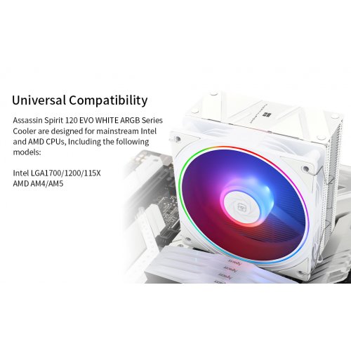 Купить Кулер Thermalright Assassin Spirit 120 Evo ARGB White с проверкой совместимости: обзор, характеристики, цена в Киеве, Днепре, Одессе, Харькове, Украине | интернет-магазин TELEMART.UA фото