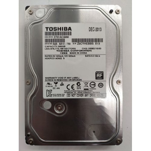 Жорсткий диск Toshiba 500GB 32MB 7200RPM 3.5" (DT01ACA050) (Відновлено продавцем, 762652) купити з перевіркою сумісності: огляд, характеристики, ціна у Києві, Львові, Вінниці, Хмельницькому, Івано-Франківську, Україні | інтернет-магазин TELEMART.UA фото