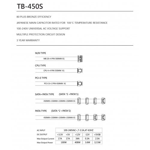 Купить Блок питания Thermalright TB-450S 450W (TR-TB450S) Black с проверкой совместимости: обзор, характеристики, цена в Киеве, Днепре, Одессе, Харькове, Украине | интернет-магазин TELEMART.UA фото