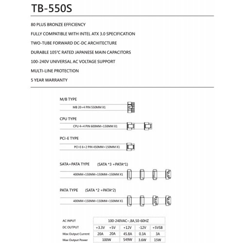 Блок живлення Thermalright TB-550S 550W (TR-TB550S) Black купити з перевіркою сумісності: огляд, характеристики, ціна у Києві, Львові, Вінниці, Хмельницькому, Івано-Франківську, Україні | інтернет-магазин TELEMART.UA фото