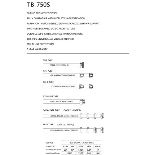 Купить Блок питания Thermalright TB-750S 750W (TR-TB750S) Black с проверкой совместимости: обзор, характеристики, цена в Киеве, Днепре, Одессе, Харькове, Украине | интернет-магазин TELEMART.UA фото
