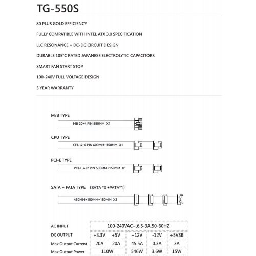 Купить Блок питания Thermalright TG-550S 550W (TR-TG550S) Black с проверкой совместимости: обзор, характеристики, цена в Киеве, Днепре, Одессе, Харькове, Украине | интернет-магазин TELEMART.UA фото