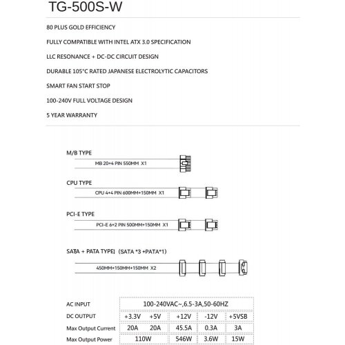 Блок живлення Thermalright TG-500S 500W (TR-TG500S-W) White купити з перевіркою сумісності: огляд, характеристики, ціна у Києві, Львові, Вінниці, Хмельницькому, Івано-Франківську, Україні | інтернет-магазин TELEMART.UA фото