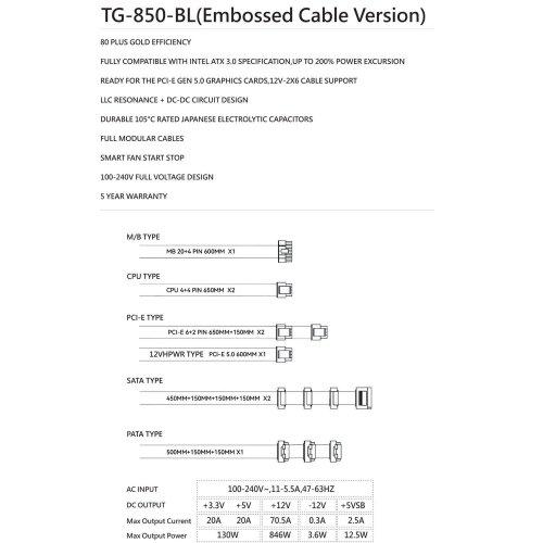 Блок живлення Thermalright TG-850-BL Sleeved Cable 850W (TR-TG 850-BL Sleeved Cable) Black купити з перевіркою сумісності: огляд, характеристики, ціна у Києві, Львові, Вінниці, Хмельницькому, Івано-Франківську, Україні | інтернет-магазин TELEMART.UA фото