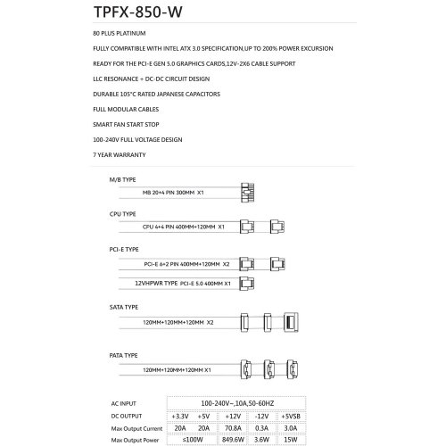 Купить Блок питания Thermalright TPFX-850 850W (TR-TPFX 850W) White с проверкой совместимости: обзор, характеристики, цена в Киеве, Днепре, Одессе, Харькове, Украине | интернет-магазин TELEMART.UA фото