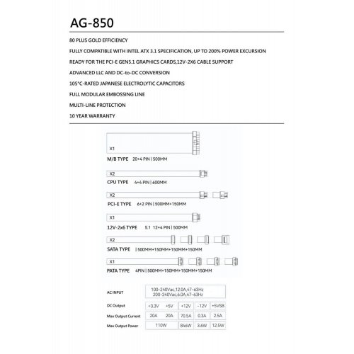 Купить Блок питания Thermalright AG-850 850W (TR-AG 850) Black с проверкой совместимости: обзор, характеристики, цена в Киеве, Днепре, Одессе, Харькове, Украине | интернет-магазин TELEMART.UA фото