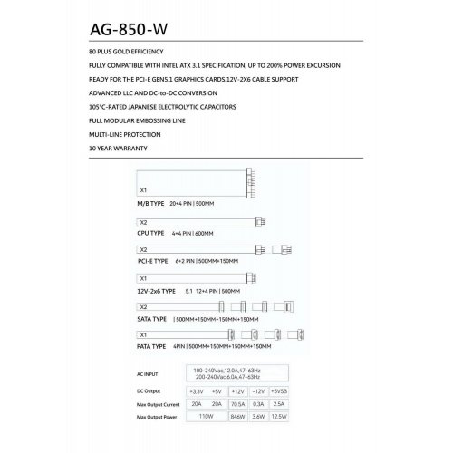 Купить Блок питания Thermalright AG-850 850W (TR-AG 850-W) White с проверкой совместимости: обзор, характеристики, цена в Киеве, Днепре, Одессе, Харькове, Украине | интернет-магазин TELEMART.UA фото