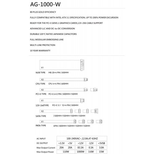 Купить Блок питания Thermalright AG-1000 1000W (TR-AG 1000-W) White с проверкой совместимости: обзор, характеристики, цена в Киеве, Днепре, Одессе, Харькове, Украине | интернет-магазин TELEMART.UA фото