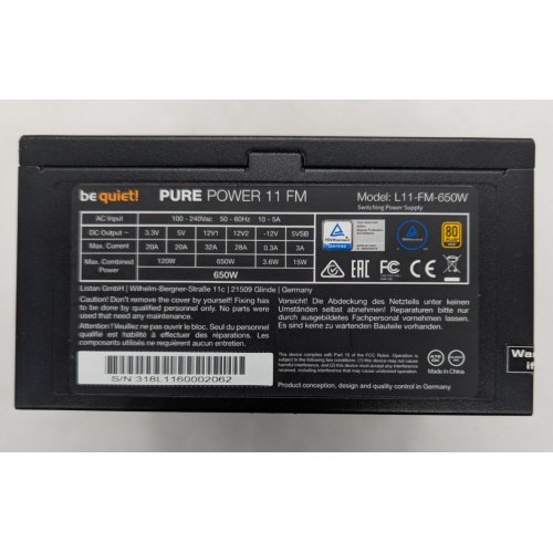 Блок живлення Be Quiet! Pure Power 11 FM 650W (BN318) (Відновлено продавцем, 763100) купити з перевіркою сумісності: огляд, характеристики, ціна у Києві, Львові, Вінниці, Хмельницькому, Івано-Франківську, Україні | інтернет-магазин TELEMART.UA фото