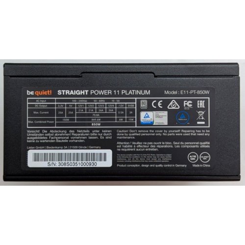 Купить Блок питания Be Quiet! Straight Power 11 Platinum 850W (BN308) (Восстановлено продавцом, 763633) с проверкой совместимости: обзор, характеристики, цена в Киеве, Днепре, Одессе, Харькове, Украине | интернет-магазин TELEMART.UA фото