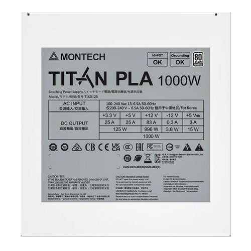 Купить Блок питания Montech TITAN PLA 1000W с проверкой совместимости: обзор, характеристики, цена в Киеве, Днепре, Одессе, Харькове, Украине | интернет-магазин TELEMART.UA фото