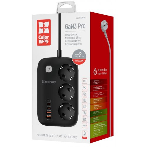 Купить Сетевой фильтр СolorWay 2 м 3 розетки + 2 x USB + 2 x USB Type-C (CW-CHE34PDB) Black - цена в Харькове, Киеве, Днепре, Одессе
в интернет-магазине Telemart фото