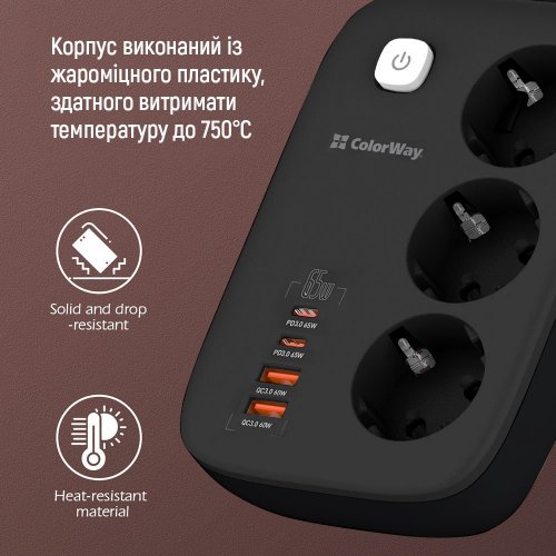 Купить Сетевой фильтр СolorWay 2 м 3 розетки + 2 x USB + 2 x USB Type-C (CW-CHE34PDB) Black - цена в Харькове, Киеве, Днепре, Одессе
в интернет-магазине Telemart фото