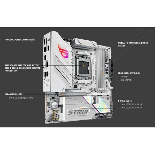 Купить Материнская плата Asus ROG STRIX B850-G GAMING WIFI (sAM5, AMD B850) с проверкой совместимости: обзор, характеристики, цена в Киеве, Днепре, Одессе, Харькове, Украине | интернет-магазин TELEMART.UA фото