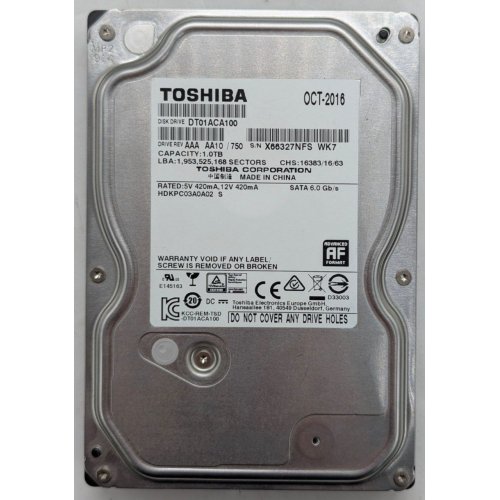 Жорсткий диск Toshiba 1TB 32MB 7200RPM 3.5" (DT01ACA100) (Відновлено продавцем, 765549) купити з перевіркою сумісності: огляд, характеристики, ціна у Києві, Львові, Вінниці, Хмельницькому, Івано-Франківську, Україні | інтернет-магазин TELEMART.UA фото