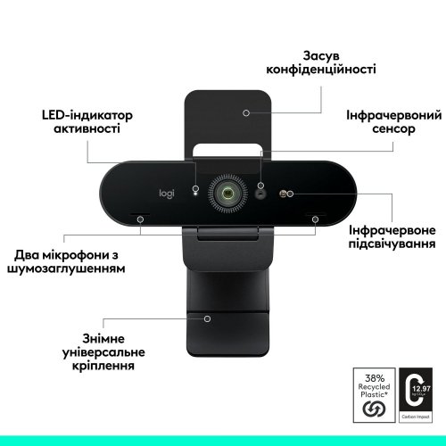 Купити Веб-камера Logitech Brio 4К (960-001718) Graphite - ціна в Києві, Львові, Вінниці, Хмельницькому, Франківську, Україні | інтернет-магазин TELEMART.UA фото