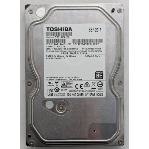 Жорсткий диск Toshiba 1TB 32MB 7200RPM 3.5" (DT01ACA100) (Відновлено продавцем, 767264) купити з перевіркою сумісності: огляд, характеристики, ціна у Києві, Львові, Вінниці, Хмельницькому, Івано-Франківську, Україні | інтернет-магазин TELEMART.UA фото