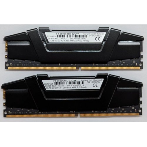 Озп G.Skill DDR4 32GB (2x16GB) 3600Mhz Ripjaws V Black (F4-3600C18D-32GVK) (Відновлено продавцем, 767578) купити з перевіркою сумісності: огляд, характеристики, ціна у Києві, Львові, Вінниці, Хмельницькому, Івано-Франківську, Україні | інтернет-магазин TELEMART.UA фото