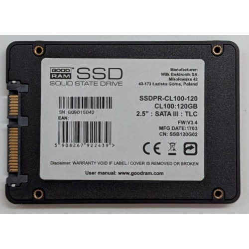 Ssd-диск GoodRAM CL100 TLC 120GB 2.5'' (SSDPR-CL100-120) (Відновлено продавцем, 767755) купити з перевіркою сумісності: огляд, характеристики, ціна у Києві, Львові, Вінниці, Хмельницькому, Івано-Франківську, Україні | інтернет-магазин TELEMART.UA фото
